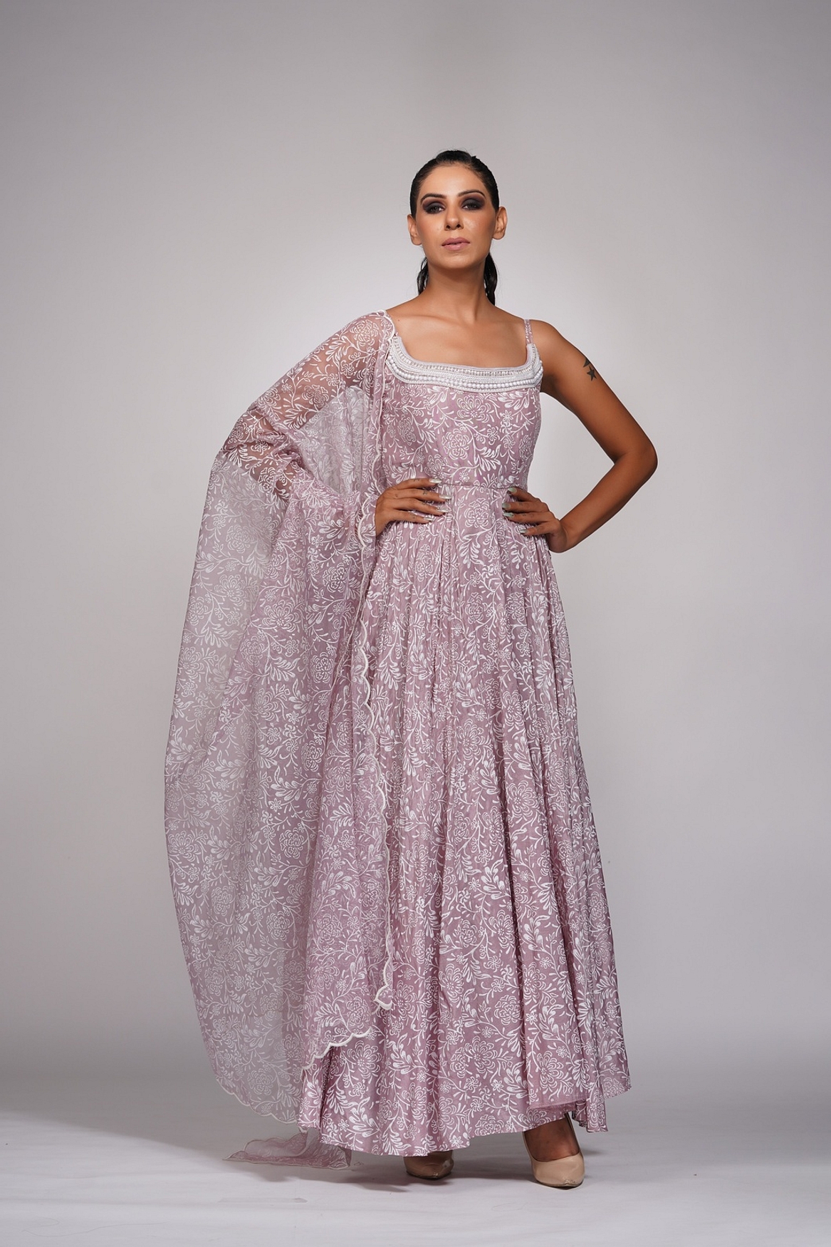 A model showcasing Lilac Anarkali With Off White Hand Paint Pearl Embroidery Feature image by Shruti S Label from Shruti S Label's collection