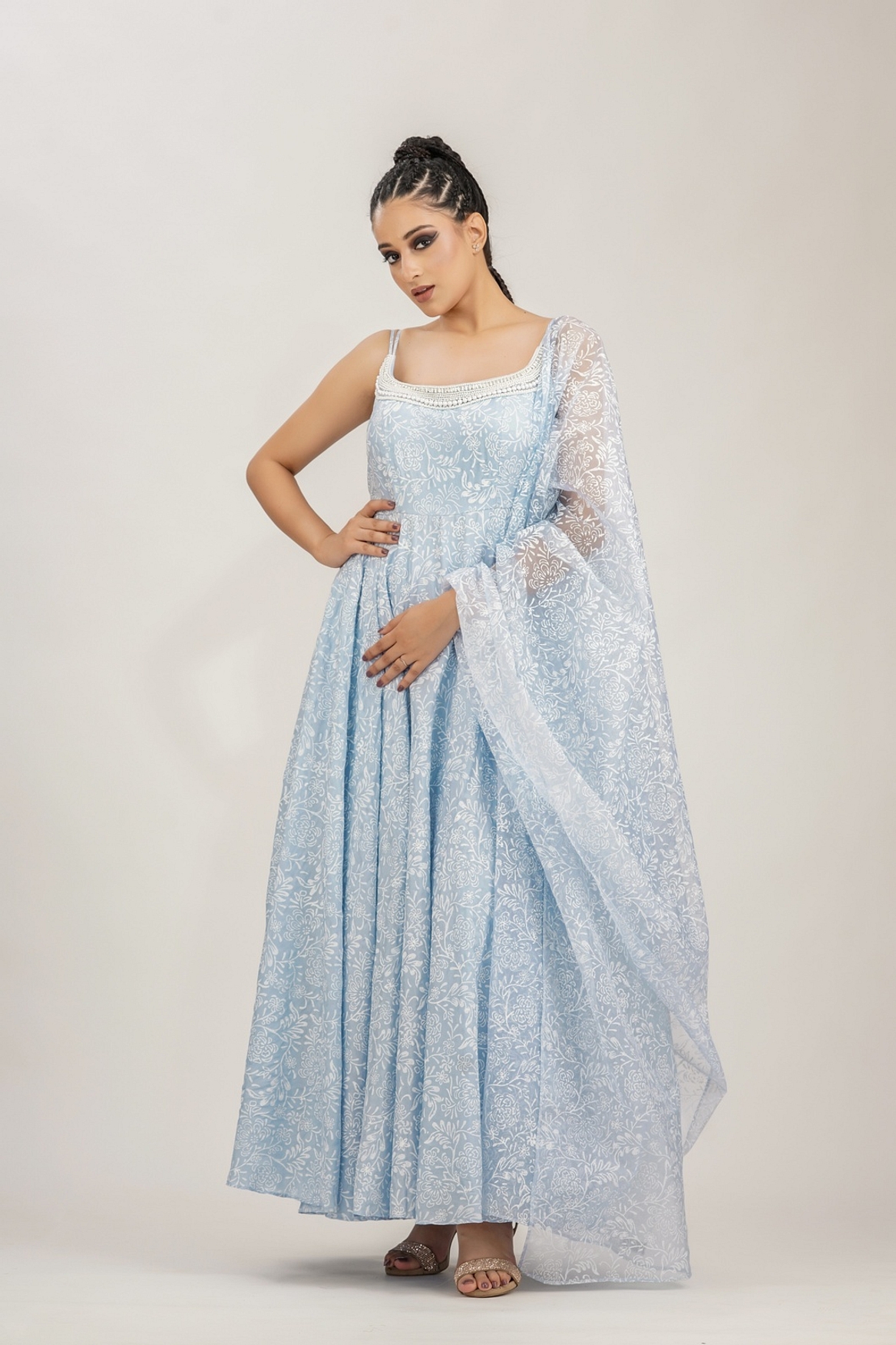 A model showcasing Pearl Work With Hand Painted Anarkali In Blue Feature image by Shruti S Label from Shruti S Label's collection