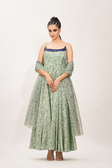 A model showcasing Blue Embroidery With Hand Painted Anarkali by Shruti S Label from Shruti S Label's collection