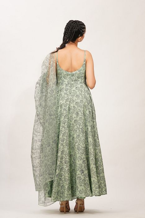 A model showcasing Blue Embroidery With Hand Painted Anarkali by Shruti S Label from Shruti S Label's collection