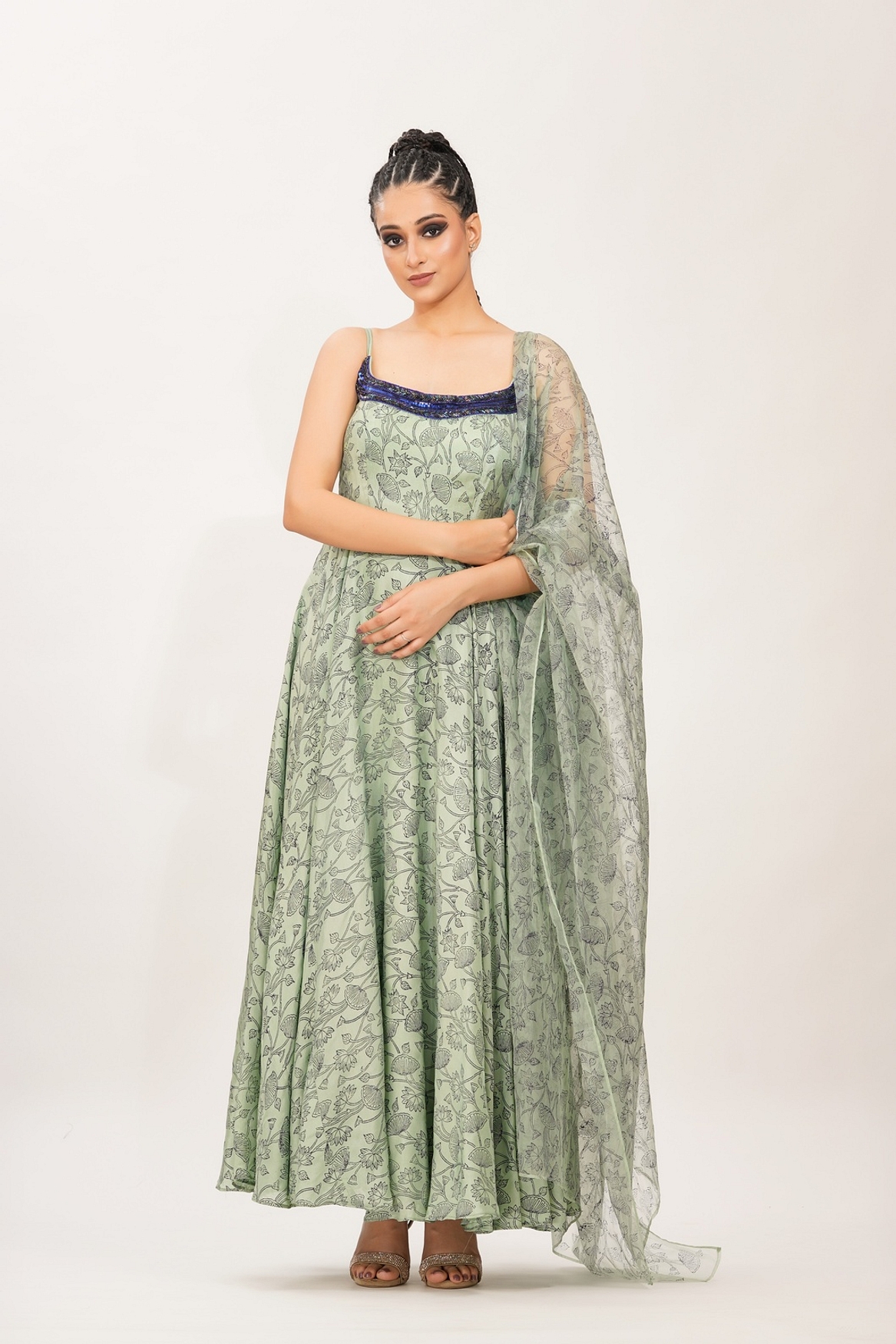 A model showcasing Blue Embroidery With Hand Painted Anarkali Feature image by Shruti S Label from Shruti S Label's collection