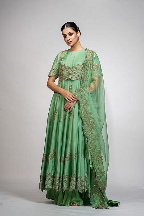 A model showcasing Classic Jacket Anarkali by Shruti S Label from Shruti S Label's collection