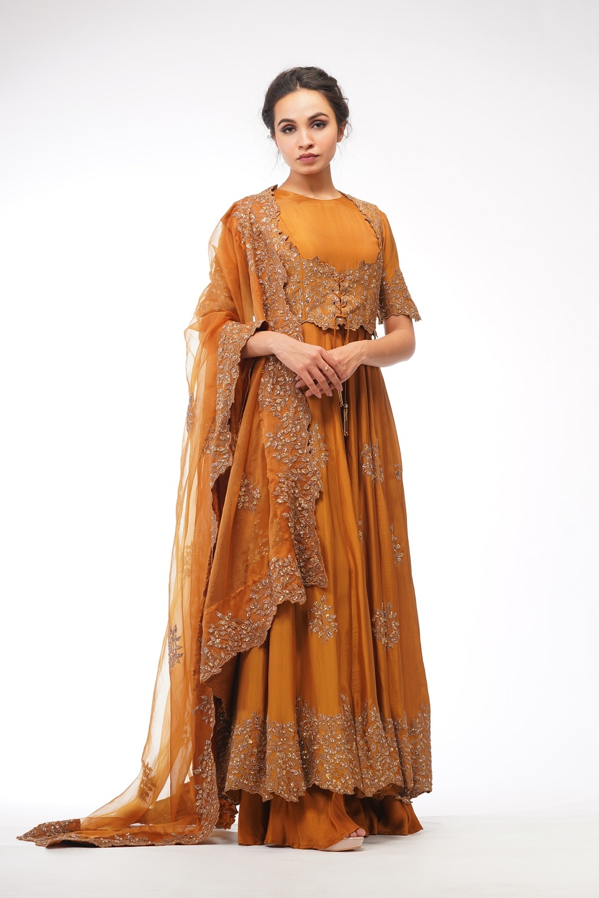 A model showcasing Classic Jacket Anarkali In Ochre Feature image by Shruti S Label from Shruti S Label's collection