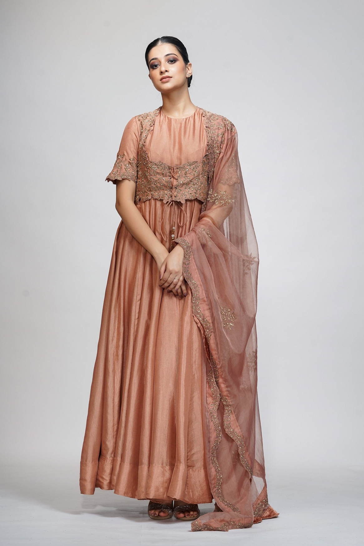 A model showcasing Classic Jacket Anarkali In Cinnamon Feature image by Shruti S Label from Shruti S Label's collection