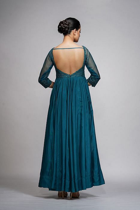 A model showcasing Classic Teal Embroidery Anarkali by Shruti S Label from Shruti S Label's collection