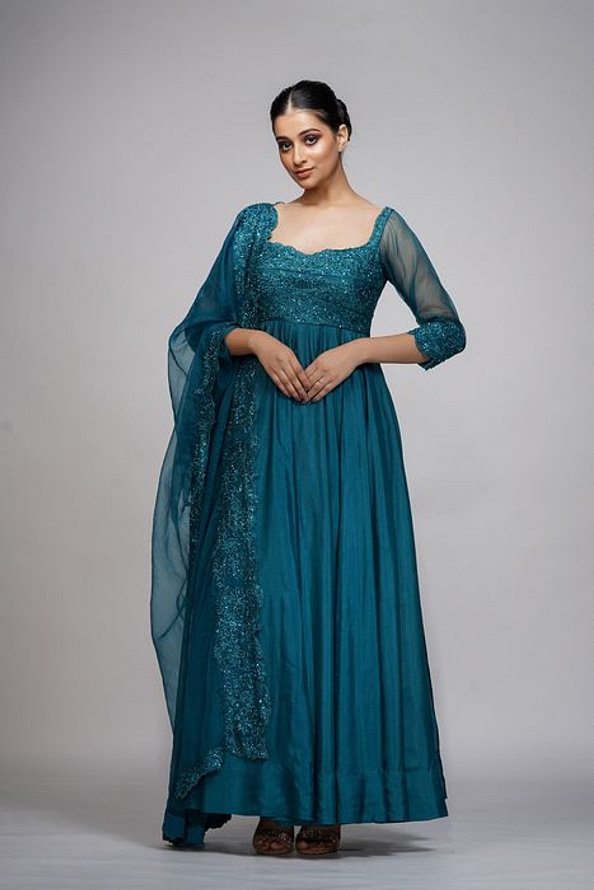 A model showcasing Classic Teal Embroidery Anarkali Feature image by Shruti S Label from Shruti S Label's collection