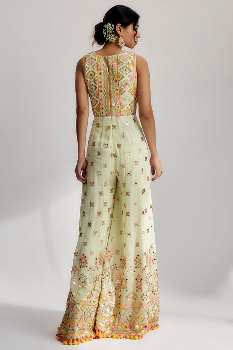 A model showcasing Mint Rihanna Jumpsuit by Gopi Vaid from Gopi Vaid's collection