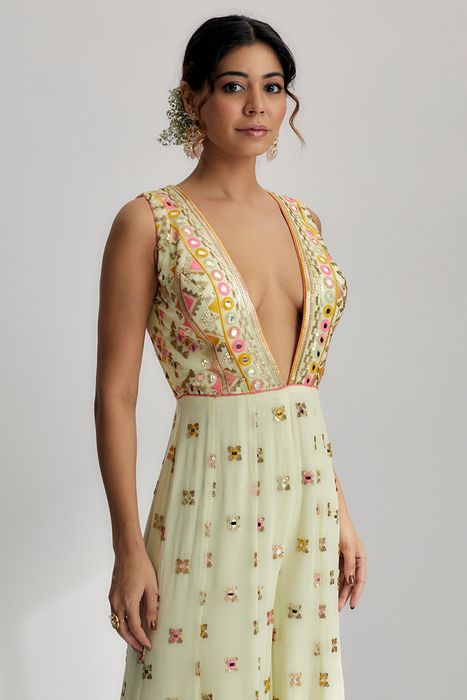 A model showcasing Mint Rihanna Jumpsuit by Gopi Vaid from Gopi Vaid's collection