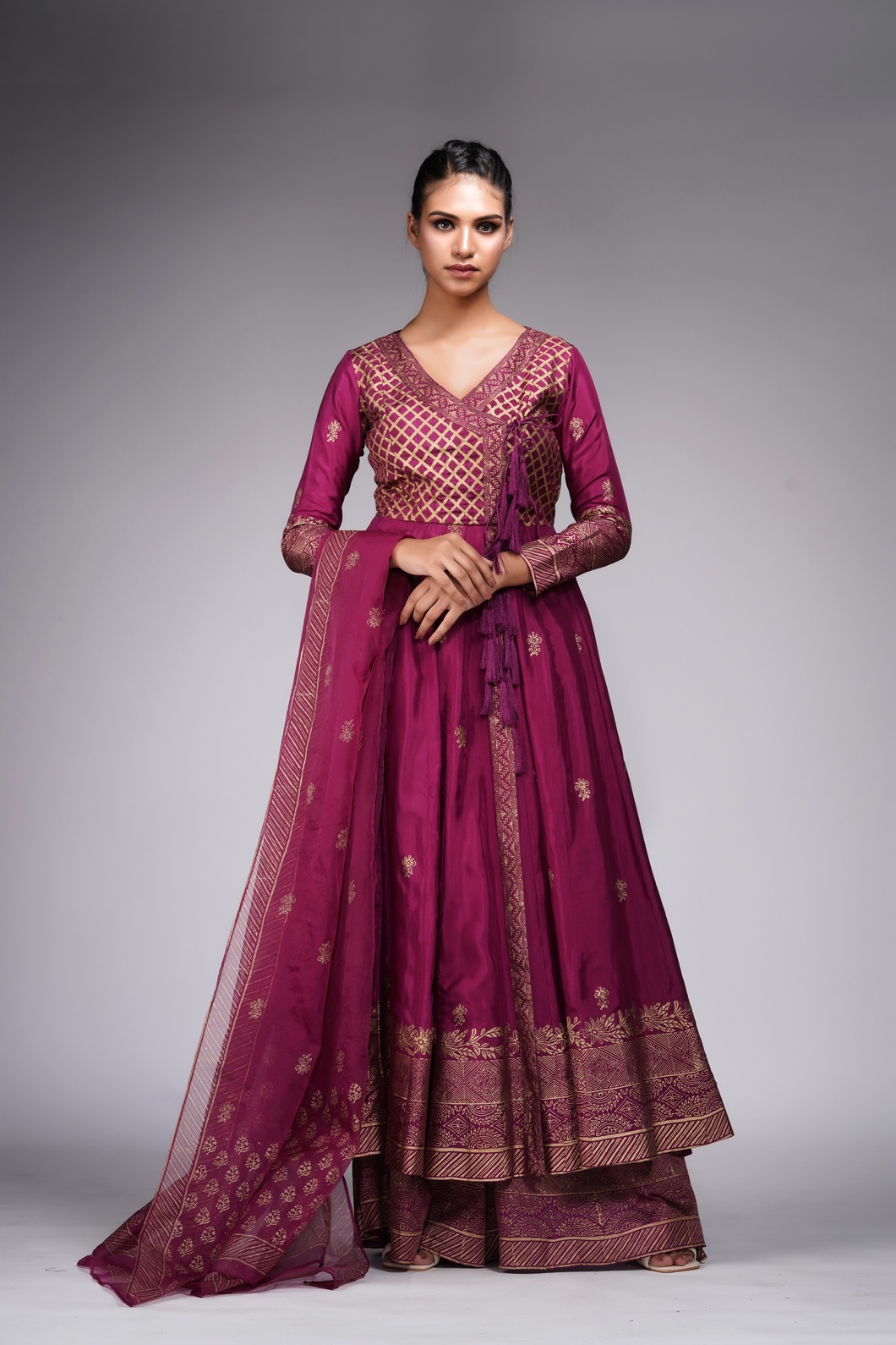 A model showcasing Hand Block Printed Angrakha Anarkali With Sharara by Shruti S Label from Shruti S Label's collection