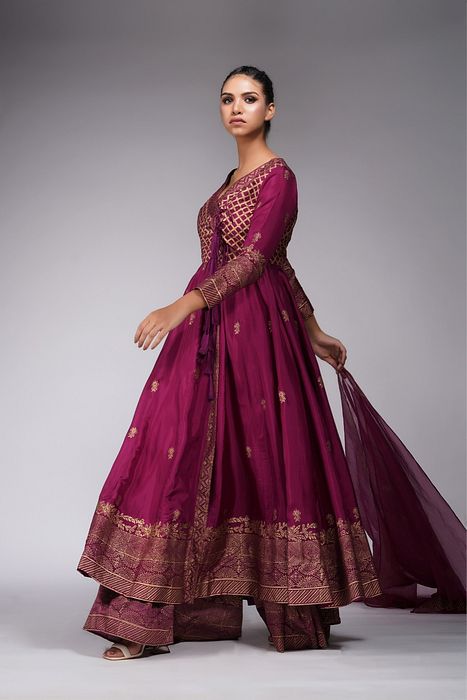 A model showcasing Hand Block Printed Angrakha Anarkali With Sharara by Shruti S Label from Shruti S Label's collection