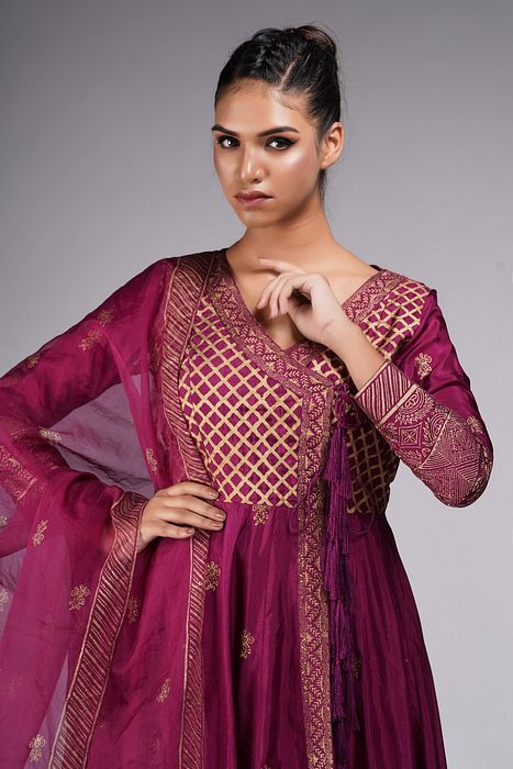 A model showcasing Hand Block Printed Angrakha Anarkali With Sharara by Shruti S Label from Shruti S Label's collection