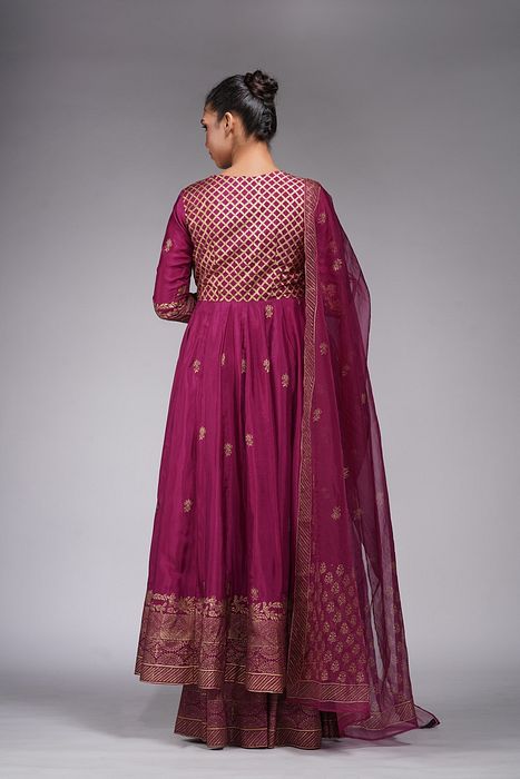 A model showcasing Hand Block Printed Angrakha Anarkali With Sharara by Shruti S Label from Shruti S Label's collection