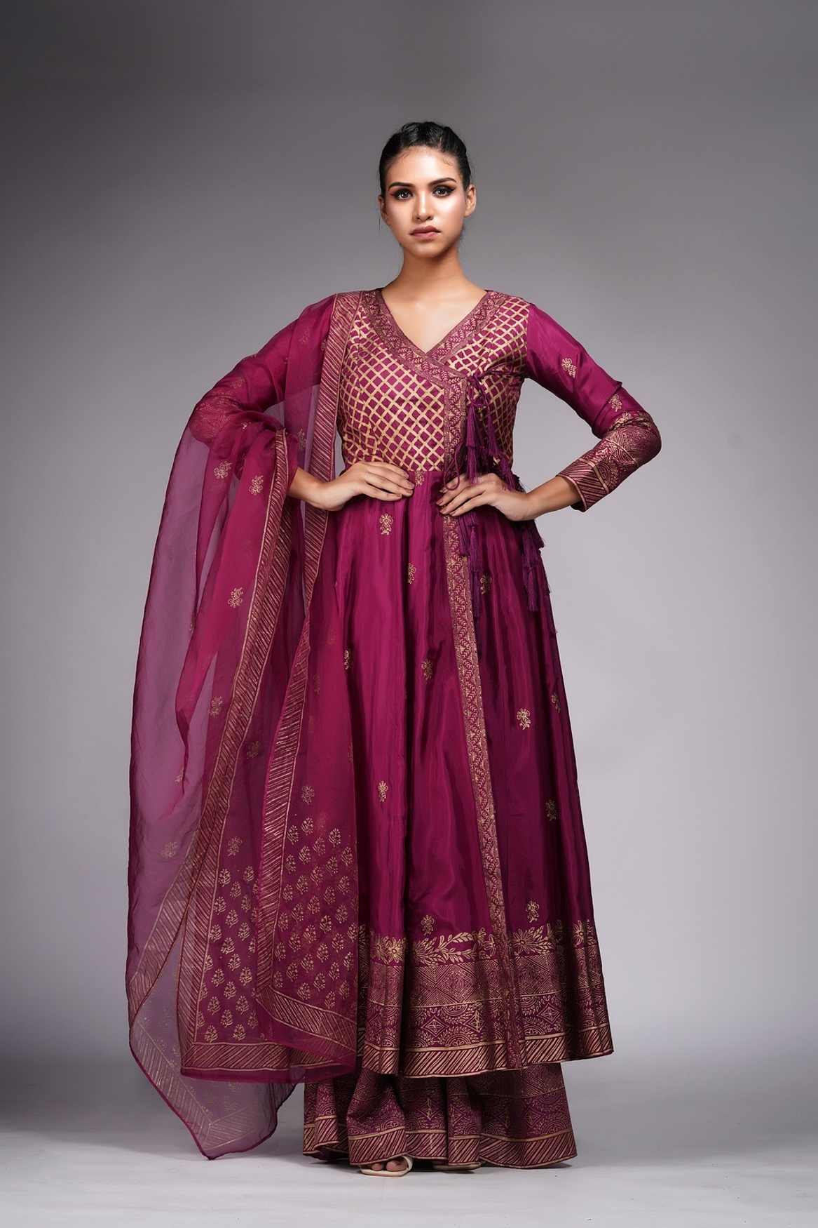 A model showcasing Hand Block Printed Angrakha Anarkali With Sharara Feature image by Shruti S Label from Shruti S Label's collection