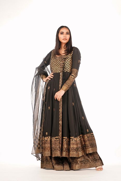 A model showcasing Angrakha Anarkali Black by Shruti S Label from Shruti S Label's collection