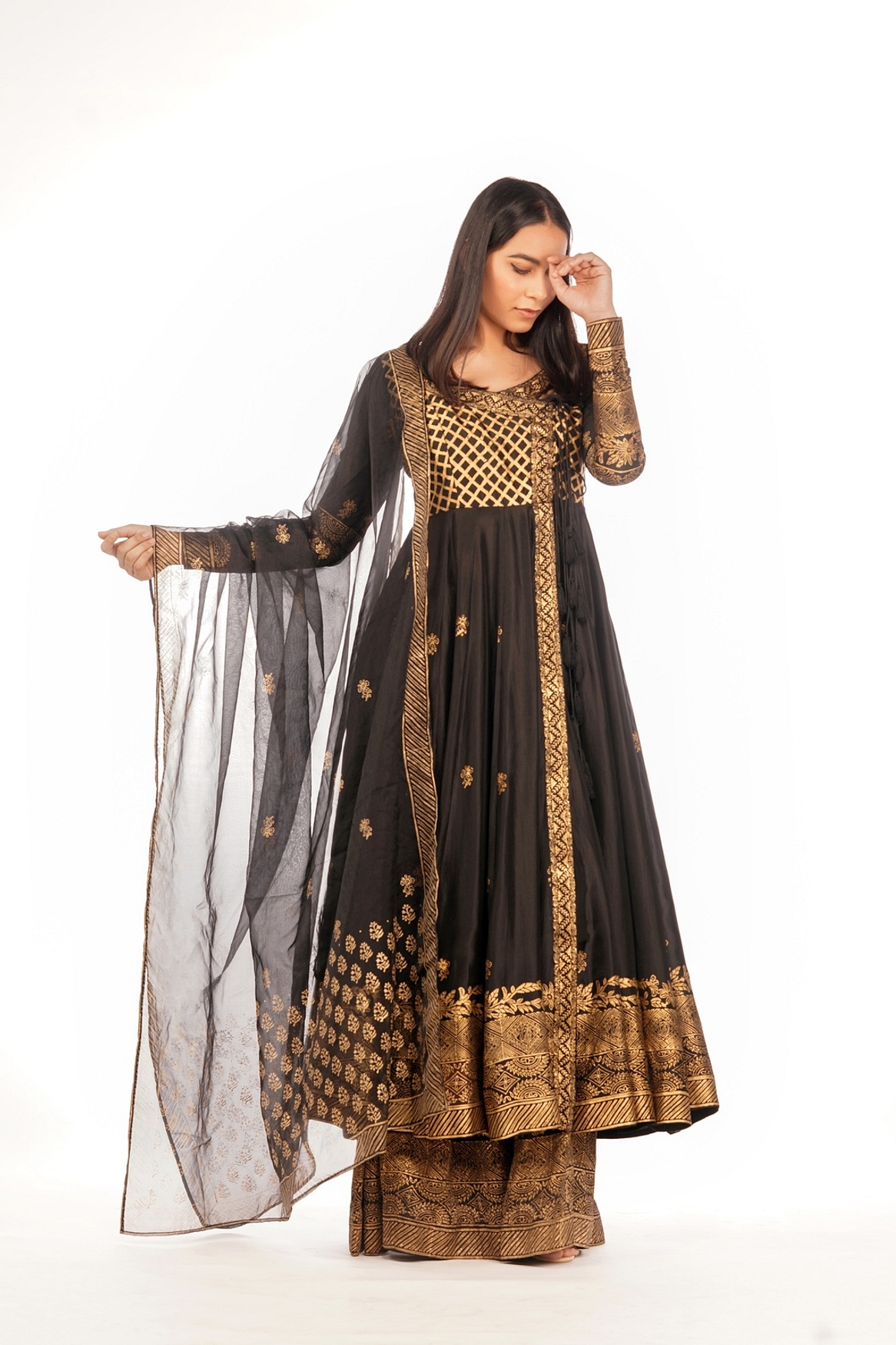 A model showcasing Angrakha Anarkali Black Feature image by Shruti S Label from Shruti S Label's collection
