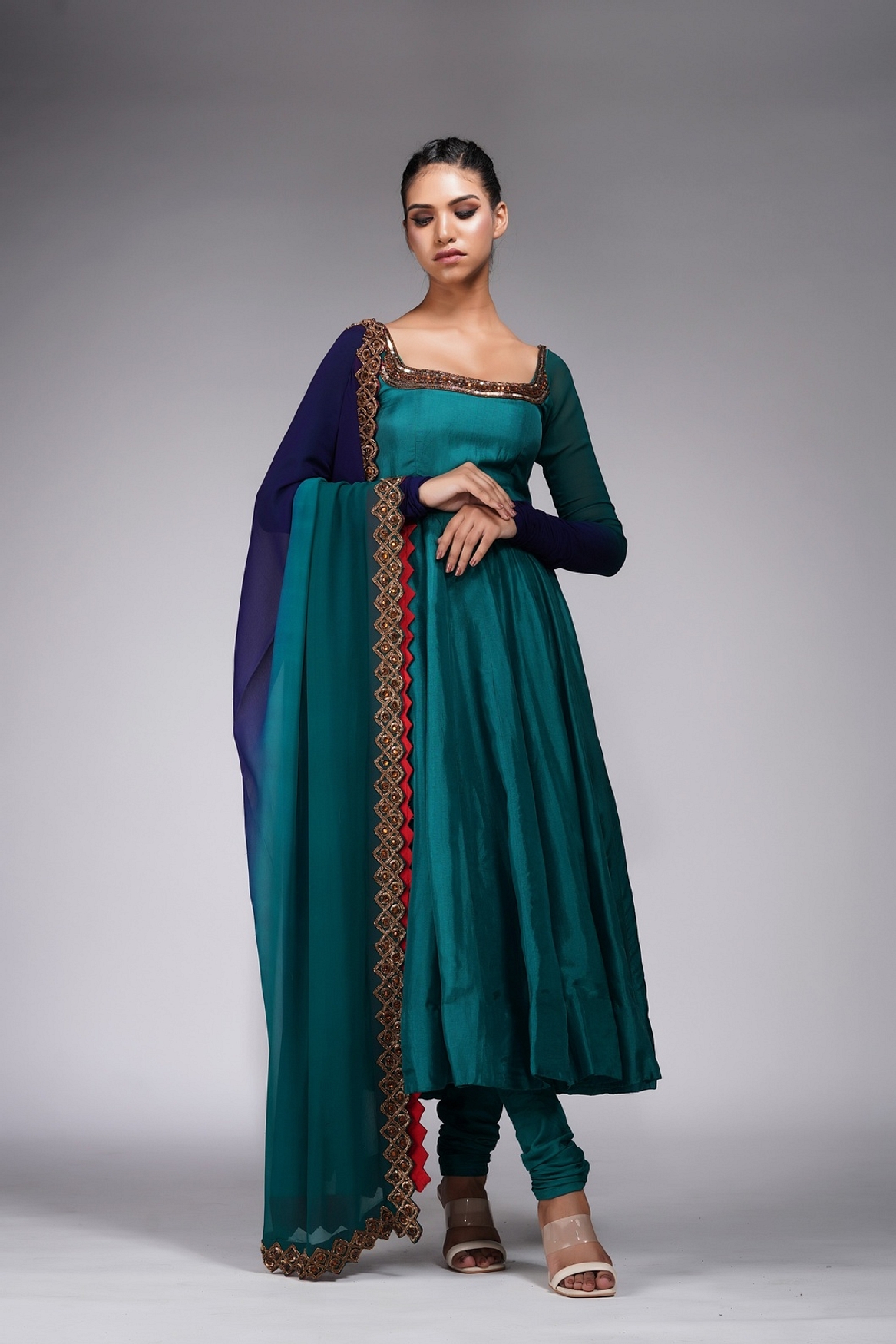 A model showcasing Teal Anarkali With Gold Embroidery Feature image by Shruti S Label from Shruti S Label's collection
