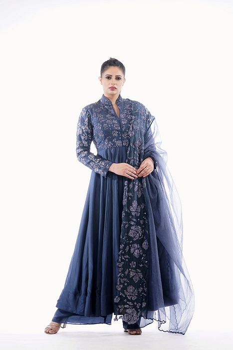 A model showcasing Grapewine Anarkali With Organza Dupatta by Shruti S Label from Shruti S Label's collection