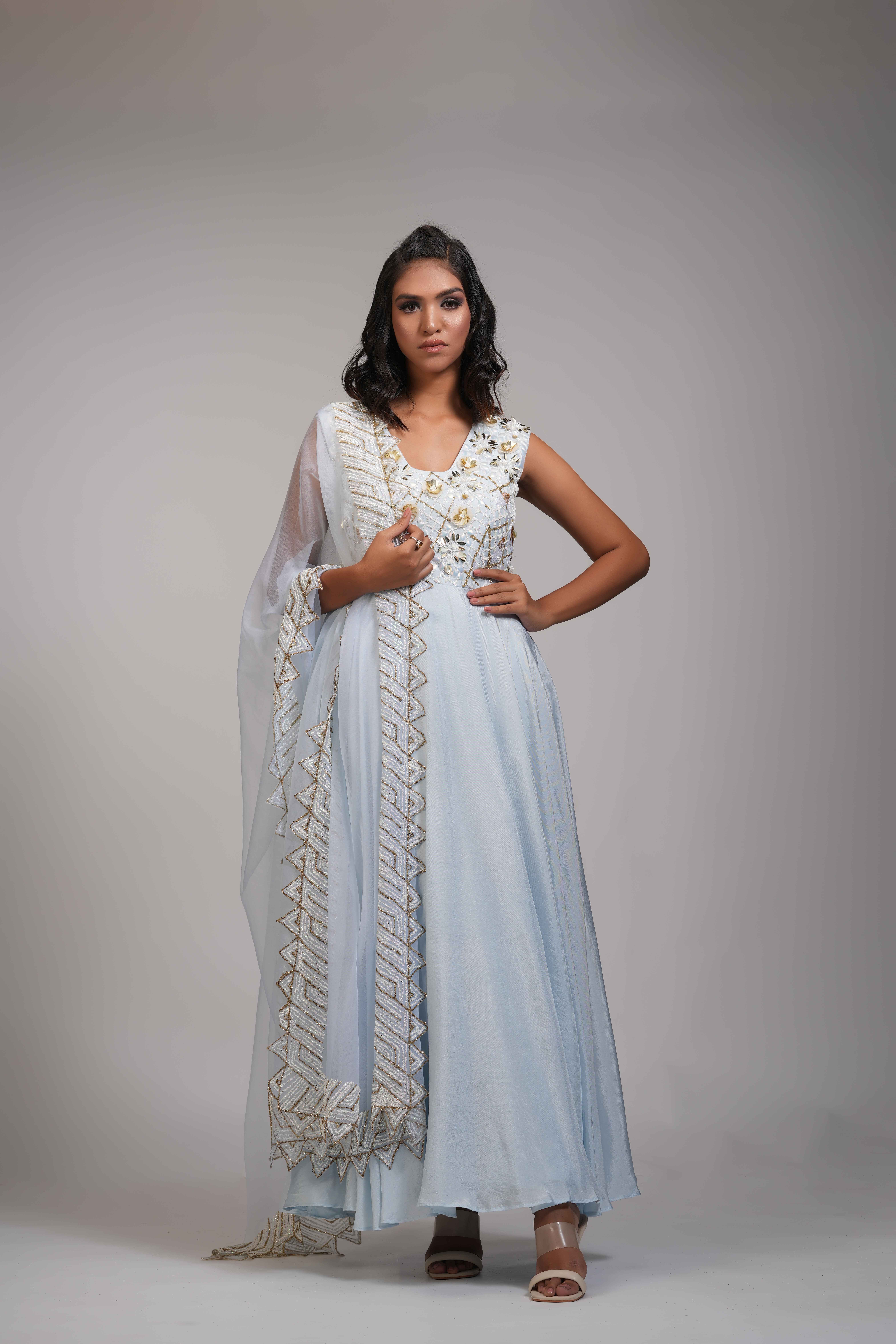 A model showcasing Embroidered Powder Blue Anarkali Set In Silk by Shruti S Label from Shruti S Label's collection