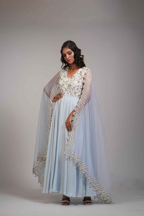 A model showcasing Embroidered Powder Blue Anarkali Set In Silk by Shruti S Label from Shruti S Label's collection