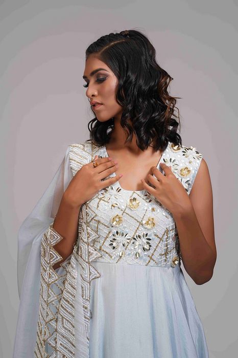 A model showcasing Embroidered Powder Blue Anarkali Set In Silk by Shruti S Label from Shruti S Label's collection