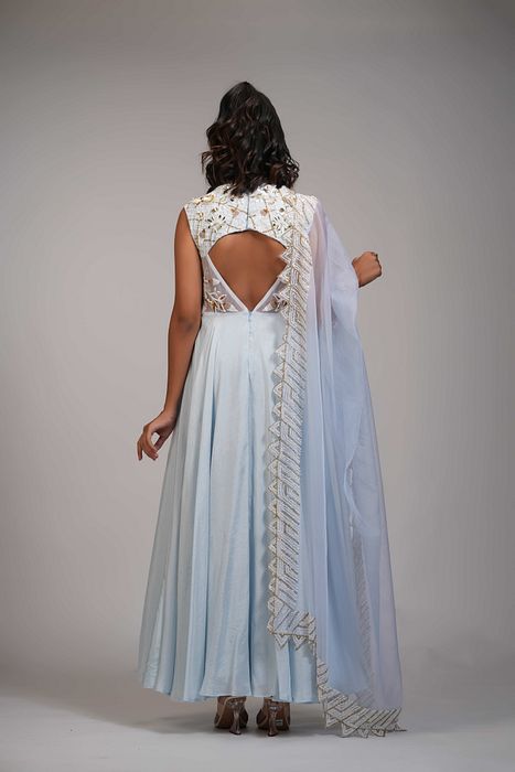 A model showcasing Embroidered Powder Blue Anarkali Set In Silk by Shruti S Label from Shruti S Label's collection