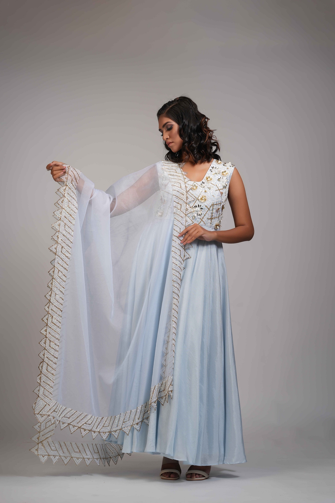 A model showcasing Embroidered Powder Blue Anarkali Set In Silk Feature image by Shruti S Label from Shruti S Label's collection