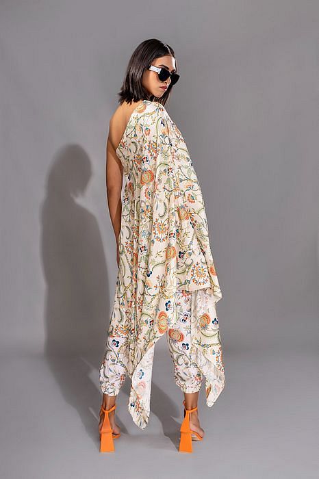 A model showcasing Beige Printed Off Shoulder Coord Set by Shruti S Label from Shruti S Label's collection