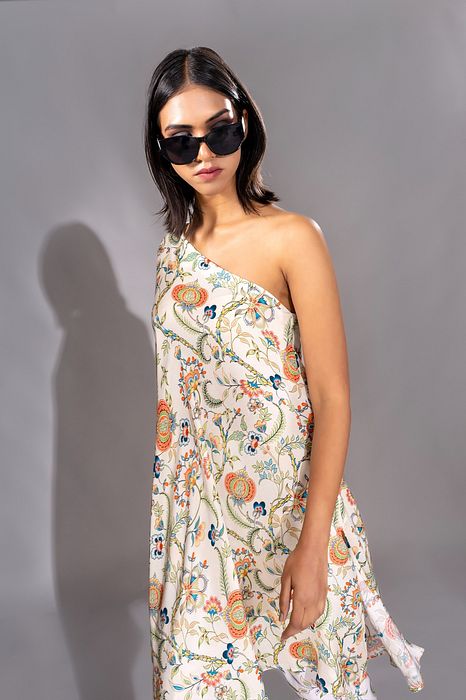 A model showcasing Beige Printed Off Shoulder Coord Set by Shruti S Label from Shruti S Label's collection