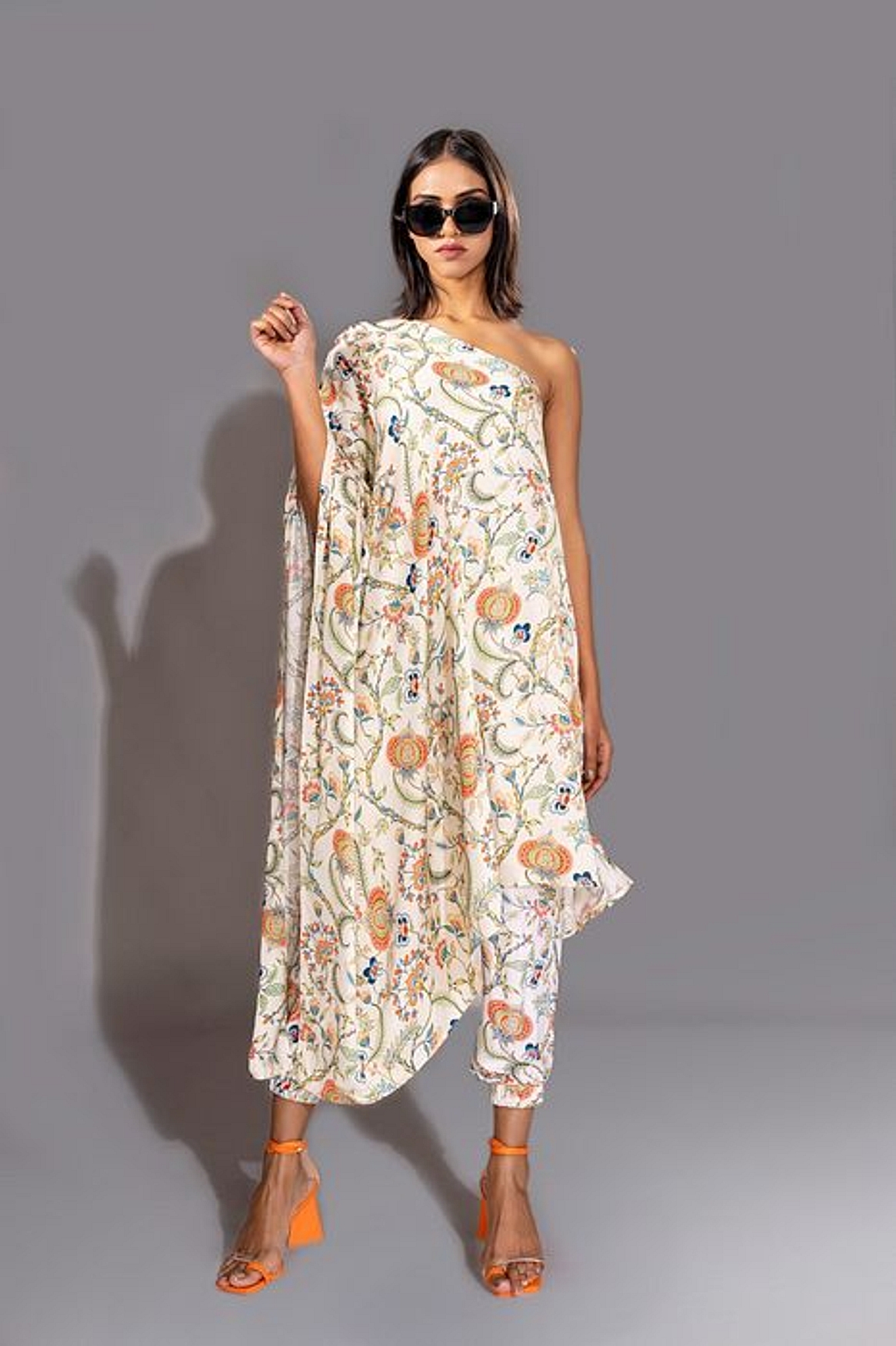 A model showcasing Beige Printed Off Shoulder Coord Set Feature image by Shruti S Label from Shruti S Label's collection