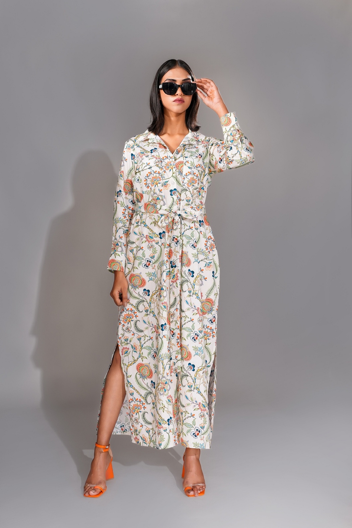 A model showcasing Beige Printed Shirt Dress Feature image by Shruti S Label from Shruti S Label's collection