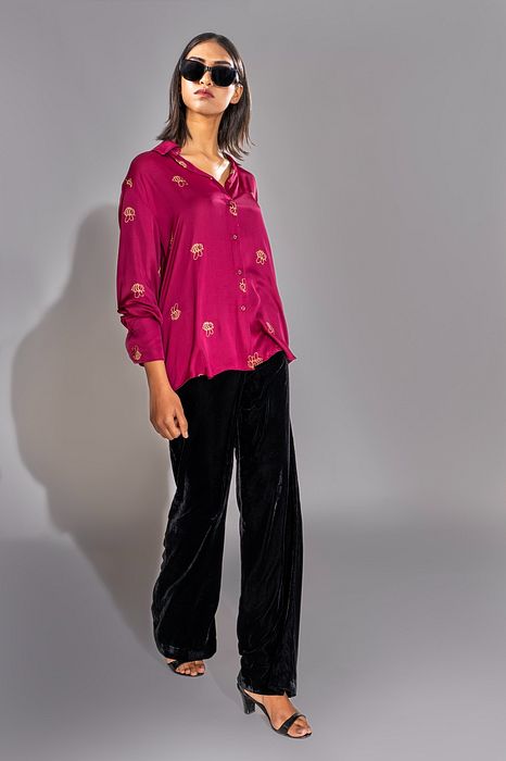 A model showcasing Dark Pink Formal Satin Shirt In Loose Fit by Shruti S Label from Shruti S Label's collection