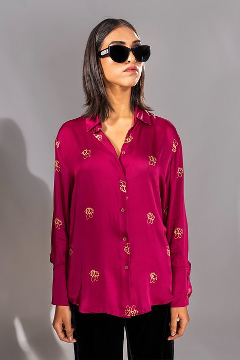 A model showcasing Dark Pink Formal Satin Shirt In Loose Fit by Shruti S Label from Shruti S Label's collection