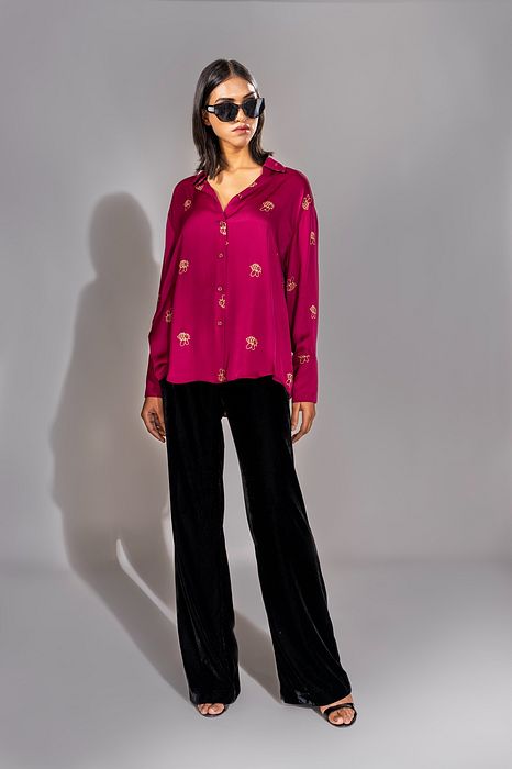 A model showcasing Dark Pink Formal Satin Shirt In Loose Fit Feature image by Shruti S Label from Shruti S Label's collection