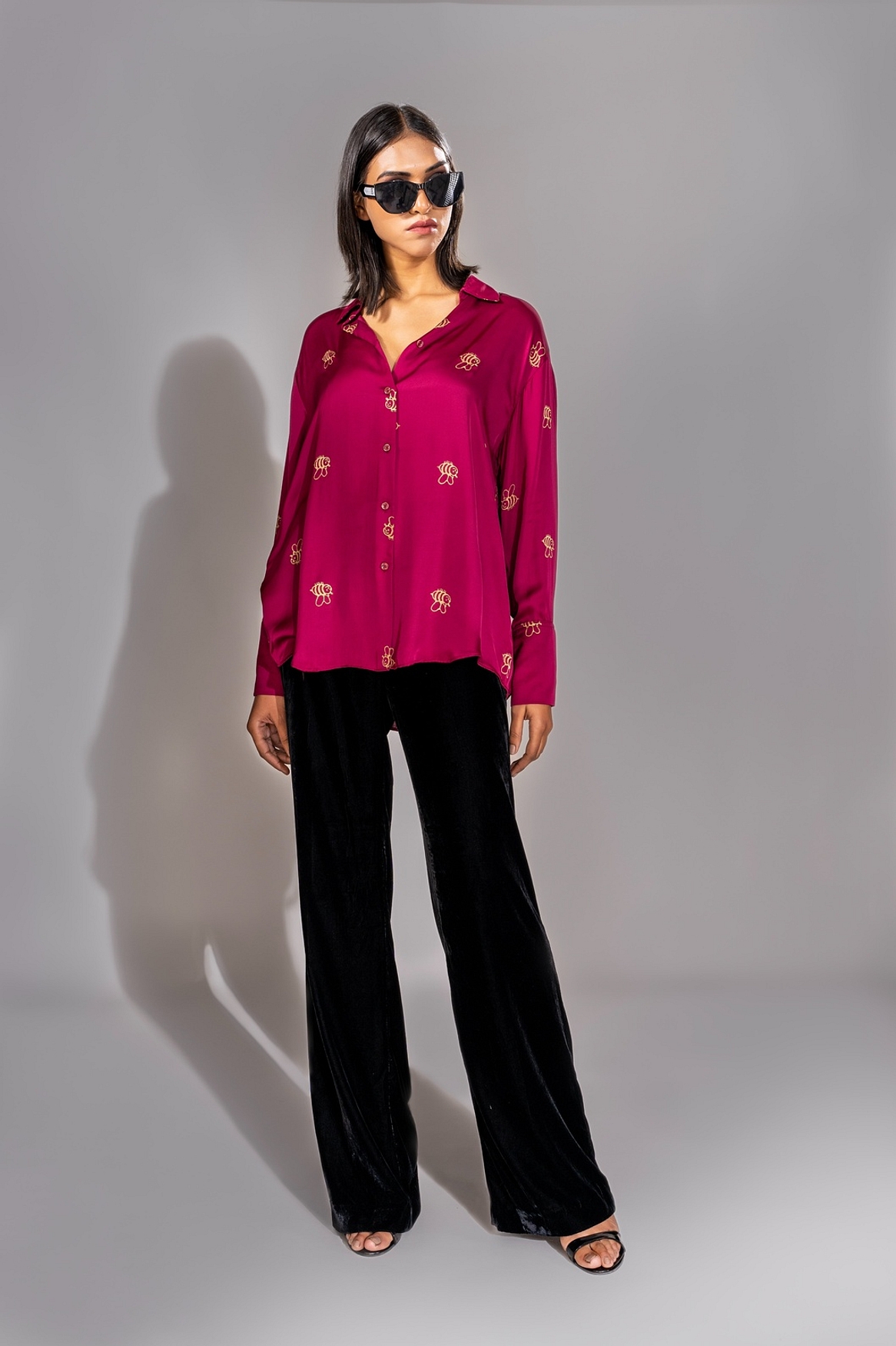 A model showcasing Dark Pink Formal Satin Shirt In Loose Fit Feature image by Shruti S Label from Shruti S Label's collection