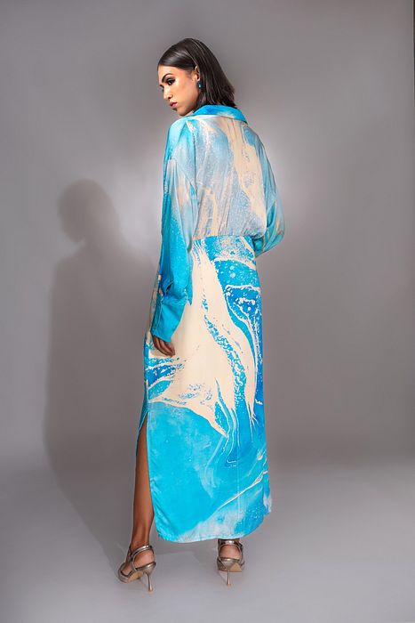 A model showcasing Blue Marble Print Satin Dress by Shruti S Label from Shruti S Label's collection