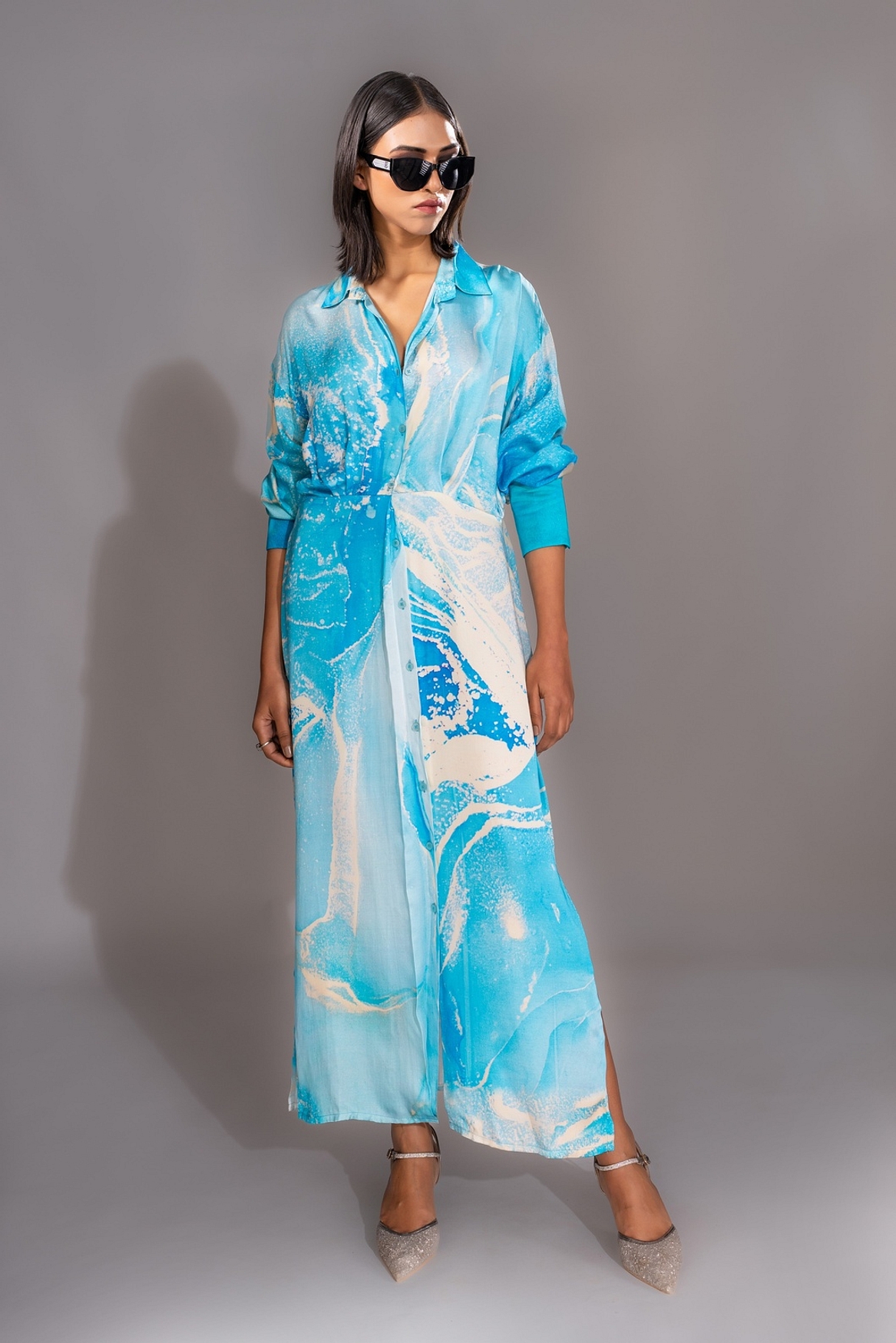 A model showcasing Blue Marble Print Satin Dress Feature image by Shruti S Label from Shruti S Label's collection