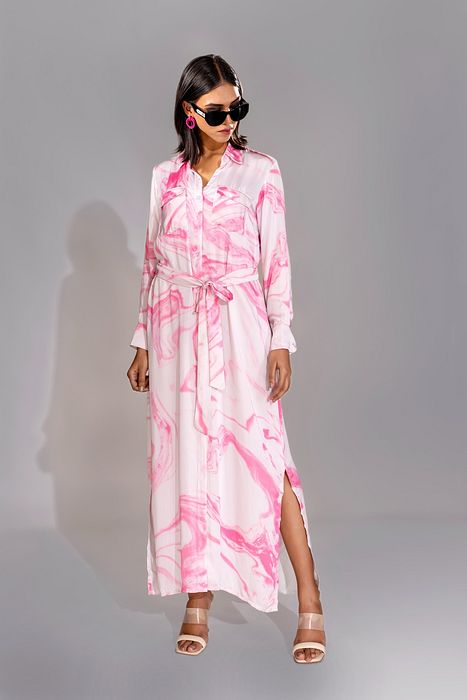 A model showcasing Pink Marble Print Satin Dress by Shruti S Label from Shruti S Label's collection