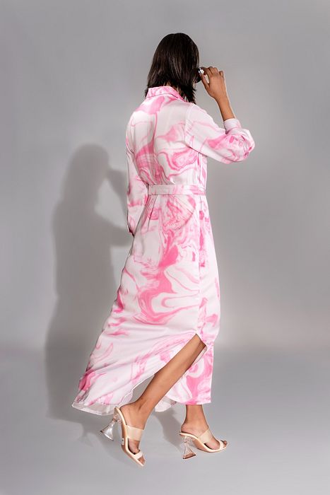 A model showcasing Pink Marble Print Satin Dress by Shruti S Label from Shruti S Label's collection