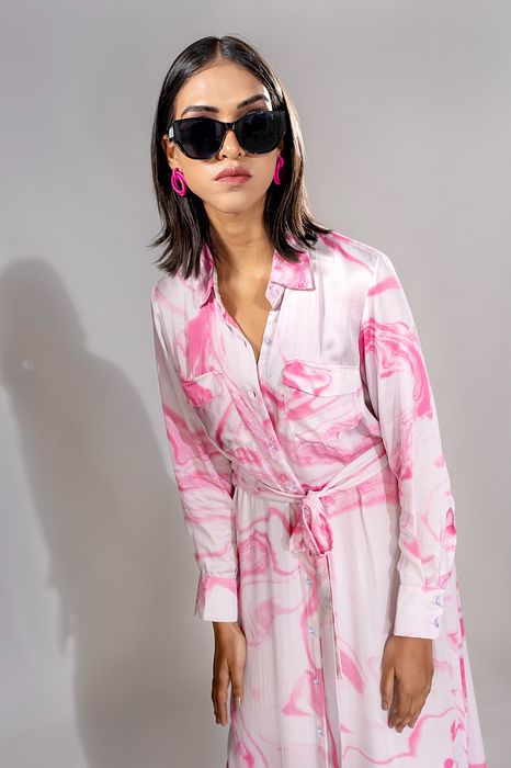 A model showcasing Pink Marble Print Satin Dress by Shruti S Label from Shruti S Label's collection
