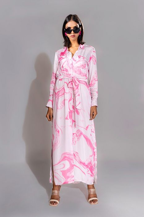 A model showcasing Pink Marble Print Satin Dress Feature image by Shruti S Label from Shruti S Label's collection