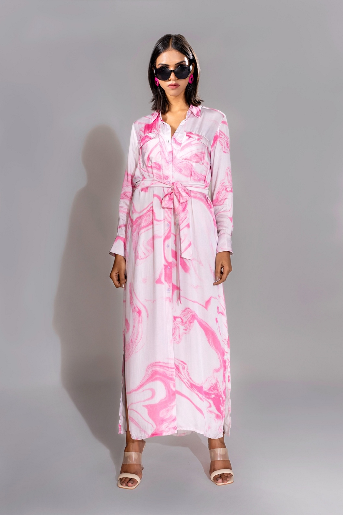A model showcasing Pink Marble Print Satin Dress Feature image by Shruti S Label from Shruti S Label's collection