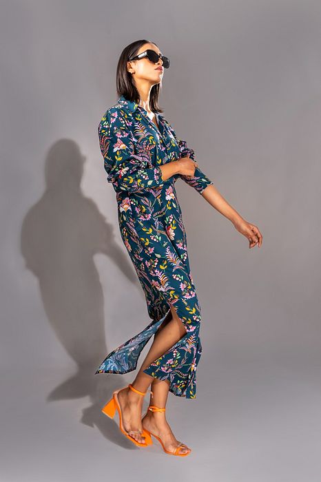 A model showcasing Navy Blue Printed Shirt Dress by Shruti S Label from Shruti S Label's collection