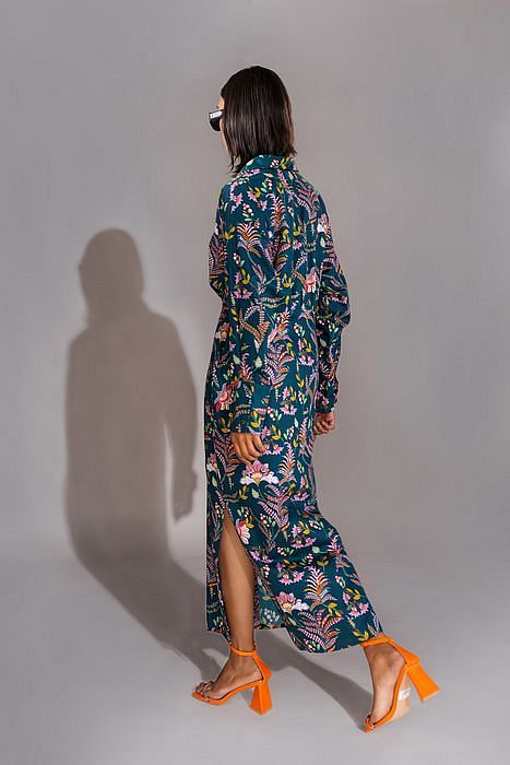 A model showcasing Navy Blue Printed Shirt Dress by Shruti S Label from Shruti S Label's collection