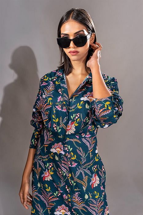 A model showcasing Navy Blue Printed Shirt Dress by Shruti S Label from Shruti S Label's collection