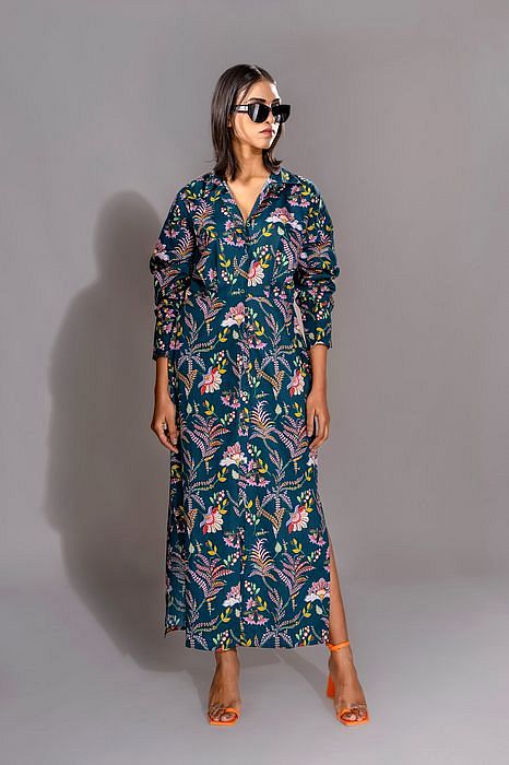 A model showcasing Navy Blue Printed Shirt Dress by Shruti S Label from Shruti S Label's collection