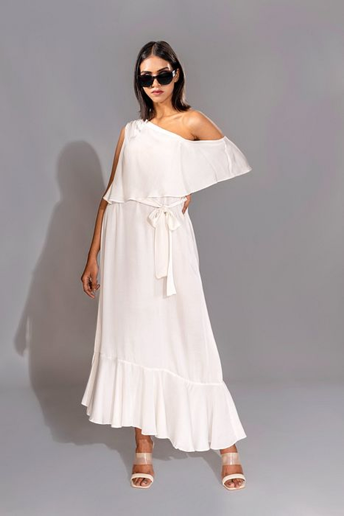 A model showcasing White Offshoulder Maxi Dress Feature image by Shruti S Label from Shruti S Label's collection