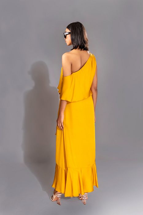 A model showcasing Yellow Off Shoulder Maxi Dress by Shruti S Label from Shruti S Label's collection