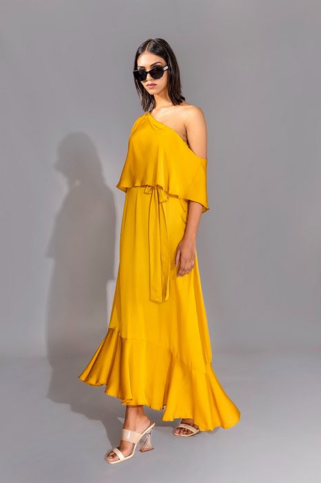 A model showcasing Yellow Off Shoulder Maxi Dress by Shruti S Label from Shruti S Label's collection