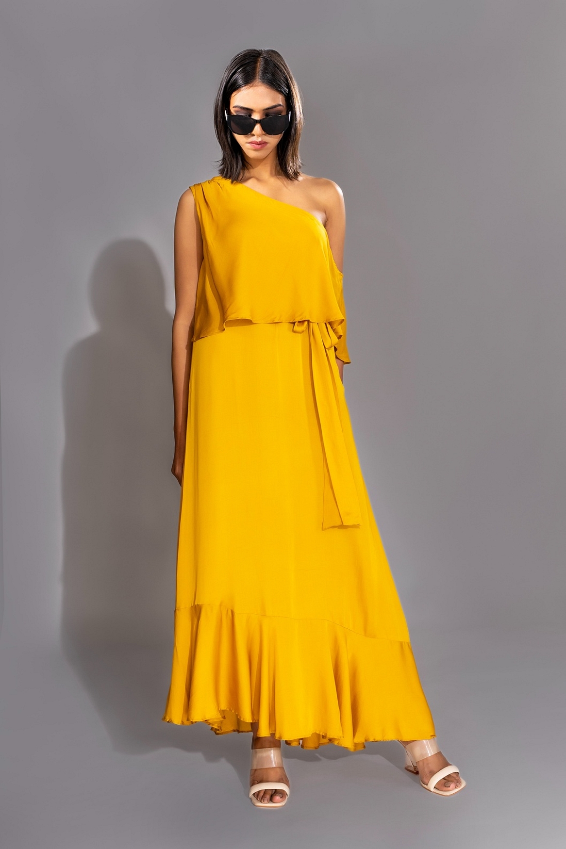 A model showcasing Yellow Off Shoulder Maxi Dress Feature image by Shruti S Label from Shruti S Label's collection
