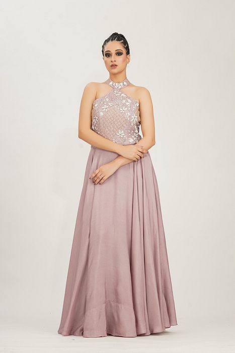 A model showcasing White Embroidery Halter Neck Gown In Lilac by Shruti S Label from Shruti S Label's collection